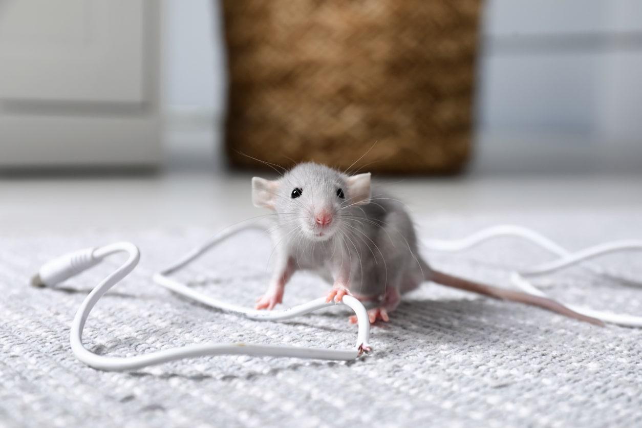 A small light grey mouse with pink ears and nose stands on a grey carpet next to a coiled white cable inside a home.