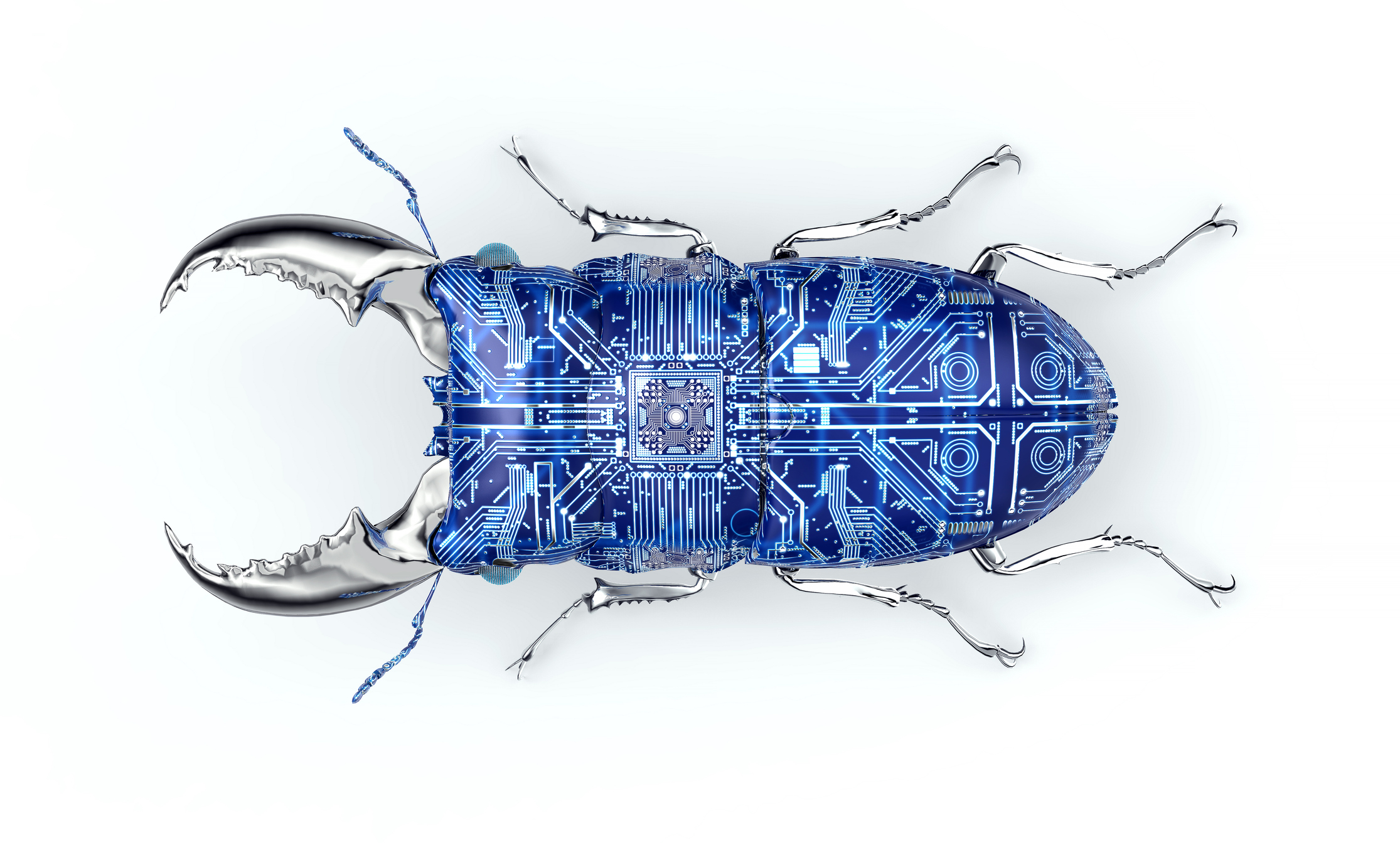 A concept of a robotic beetle with a blue PCB design on its back.