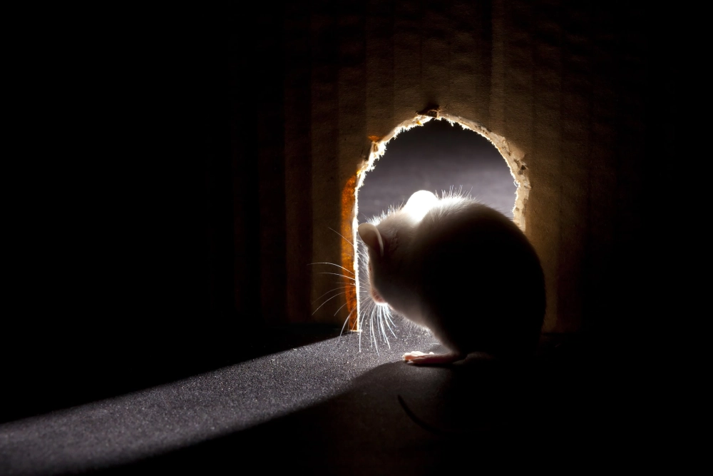 A mouse looking out through a hole to the rest of the house